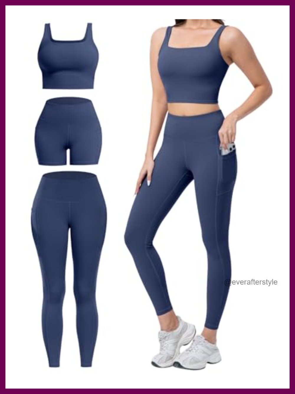 3 Piece Workout Set High Waisted Leggings Pockets Biker Shorts Sports Bra